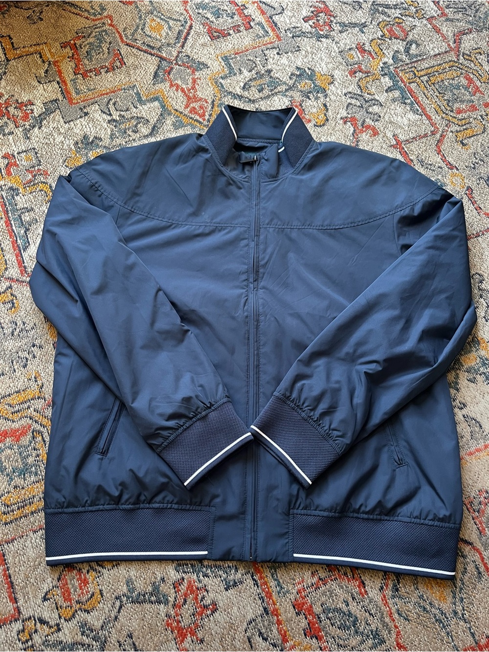 Perry Ellis Navy Zip-Up Bomber Jacket with Contrast Trim Size L